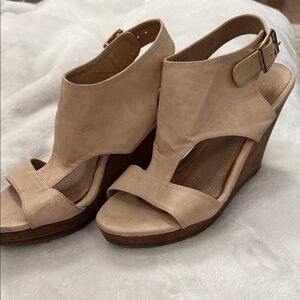 Restricted Beige/Tan Suede Wedge Slingback Sandals